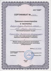 Сертификат Тренинг-сонастройка в частоты 2005